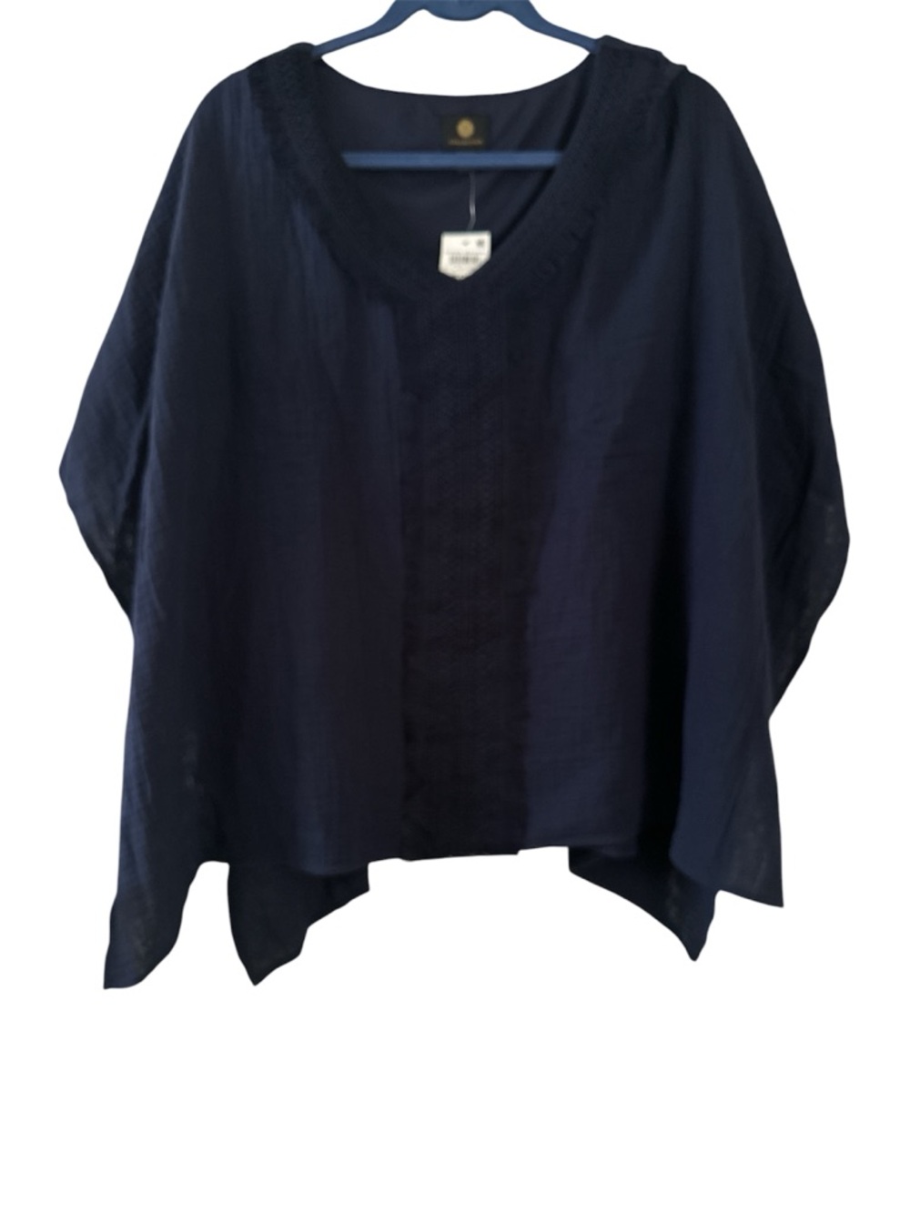 JM Collection Navy V-Neck Crochet Detail Boho Poncho Tank Top Size M - Picture 2 of 6